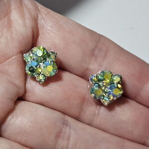 Roman Silver Tone Green, Blue And Yellow Rhinestone Earrings